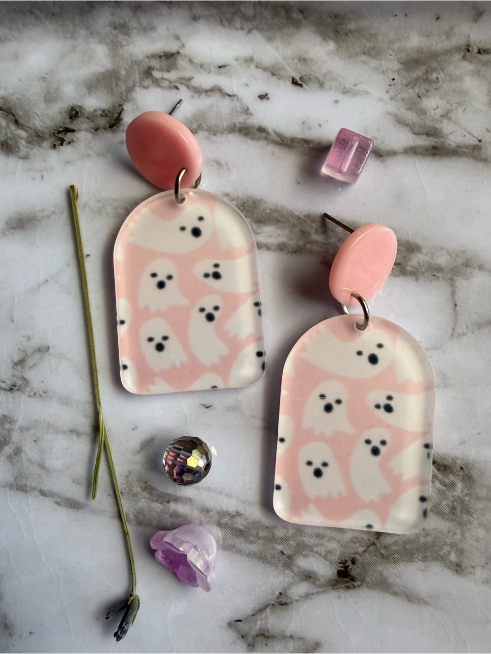Pink Ghost Pattern Dangle Earrings